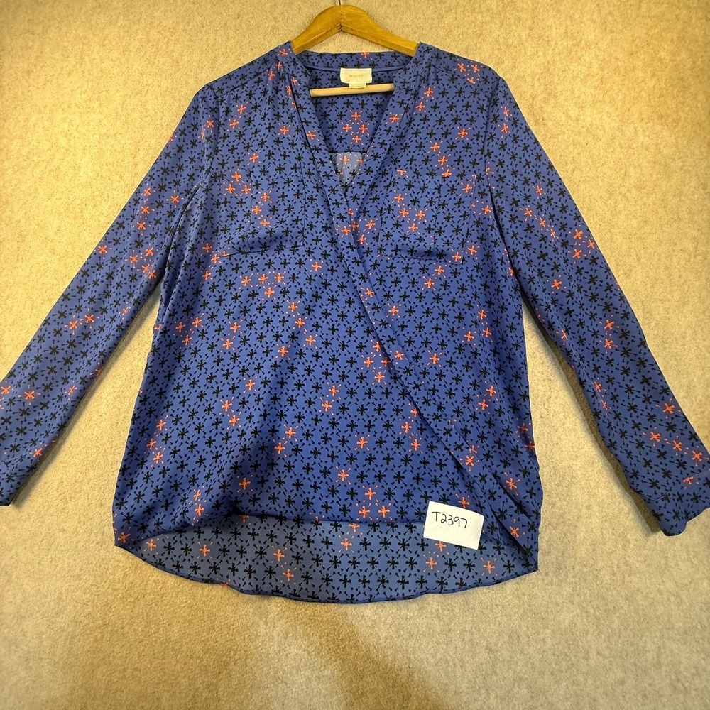 Maeve Anthropologie Blue Floral Surplice Wrap Blouse Size 4 Long Sleeve Top